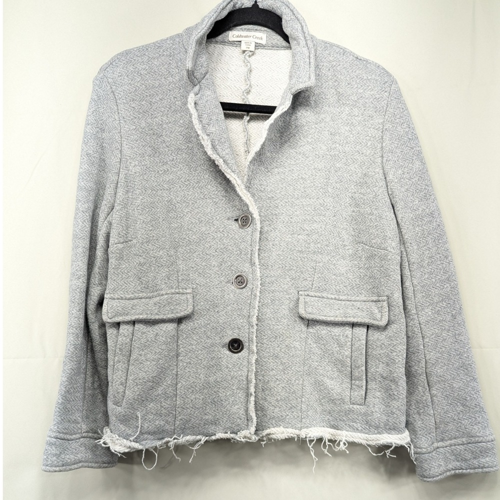 Coldwater Creek Women's Blazer Jacket Gray Frayed Hem Cotton Blend PM